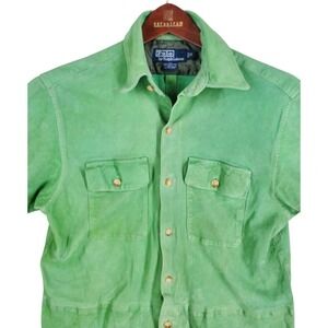 Vtg Polo Ralph Lauren Suede Leather Shirt Mens S Green Button SS Cargo Pockets